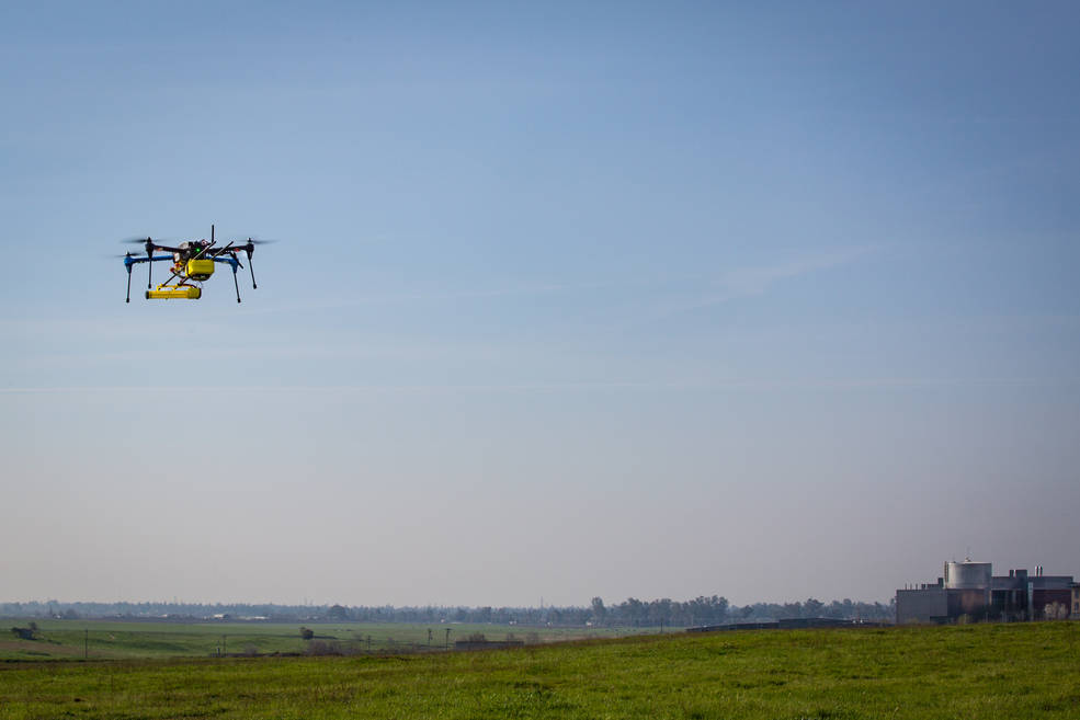 A JPL mini methane gas sensor is flight tested on a small unmanned aerial system (sUAS) under a project to improve energy pipeline industry safety. The sensor enables methane detection with higher sensitivity than previously available for the industry in hand-carried or sUAS-deployable instruments.Credit: University of California, Merced