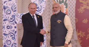 PM Narendra Modi formally welcomes the President of Russian Federation, Mr. Vladimir Putin to the BRICS Summit venue, in Goa on October 16, 2016.