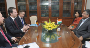The Deputy Prime Minister of Belgium, Mr. Alexander De Croo meeting the Union Minister for Electronics & Information Technology and Law & Justice, Shri Ravi Shankar Prasad, in New Delhi on February 07, 2017.(PIB Photo)