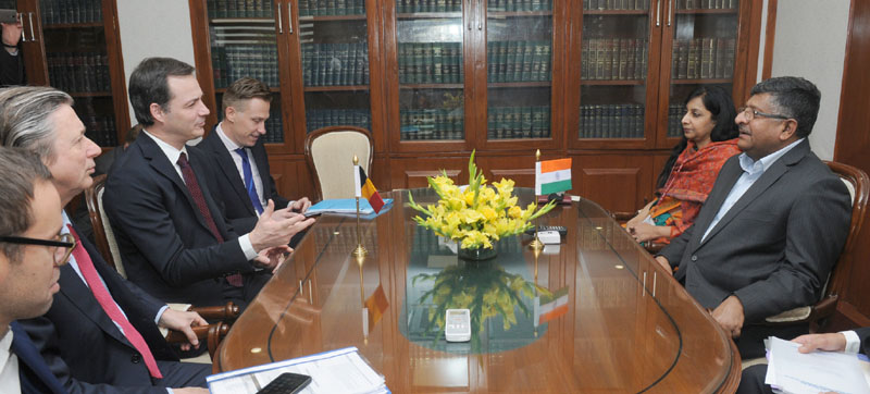 The Deputy Prime Minister of Belgium, Mr. Alexander De Croo meeting the Union Minister for Electronics & Information Technology and Law & Justice, Shri Ravi Shankar Prasad, in New Delhi on February 07, 2017.(PIB Photo)