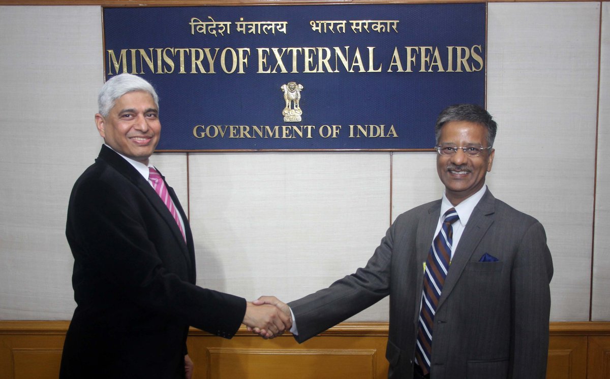 Diplomat Gopal Baglay, a 1992 batch IFS officer, with his predecessor Vikas Swarup as Spokesperson in the External Affairs Ministry.(MEA Photo)