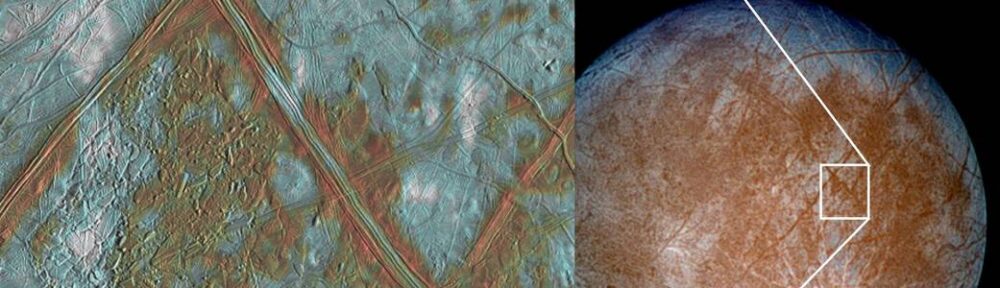 In this false color image of Europa, reddish-brown areas represent non-ice material resulting from geologic activity. White areas are rays of material ejected during the formation of the Pwyll impact crater. Icy plains are shown in blue tones to distinguish possibly coarse-grained ice (dark blue) from fine-grained ice (light blue). Long, dark lines are ridges and fractures in the crust, some of which are more than 1,850 miles long. These images were obtained by NASA's Galileo spacecraft during Sept. 7, 1996, Dec. 1996 and Feb. 1997 at a distance of 417,489 miles. Image Credit: NASA/JPL/University of Arizona