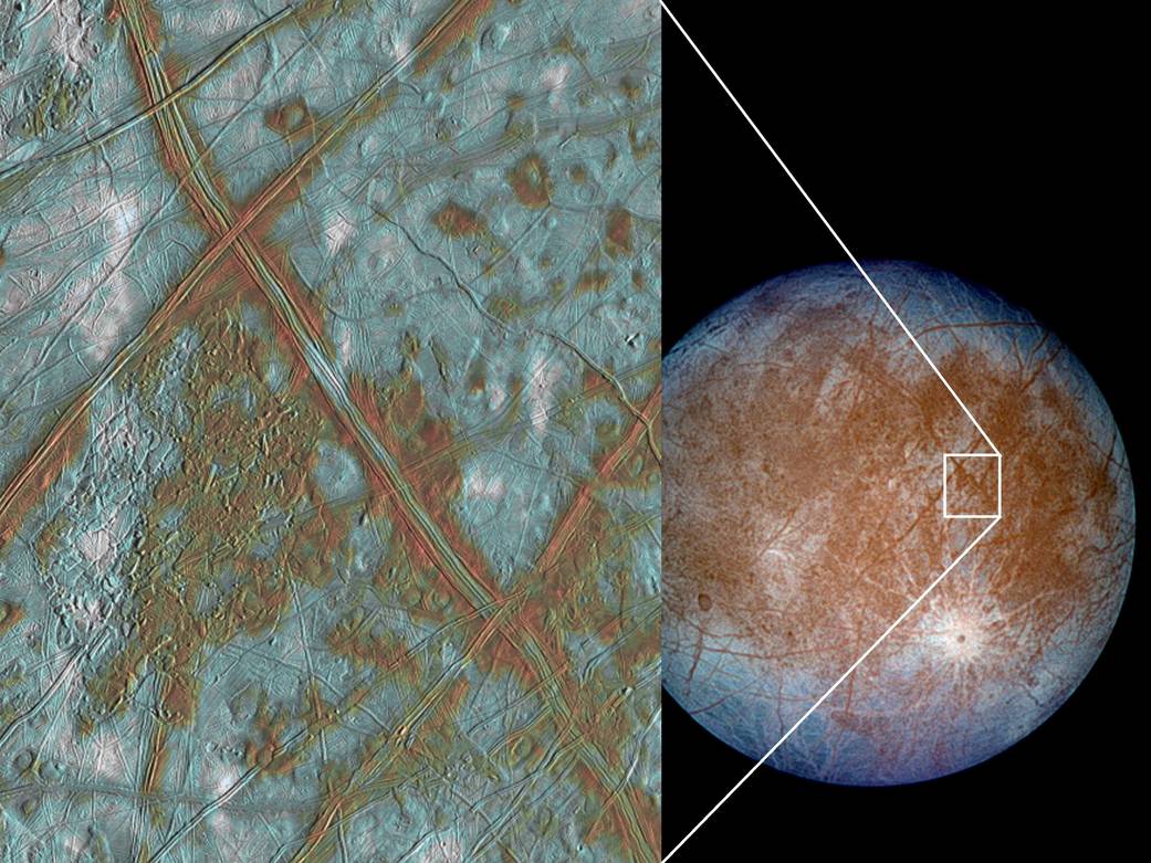 In this false color image of Europa, reddish-brown areas represent non-ice material resulting from geologic activity. White areas are rays of material ejected during the formation of the Pwyll impact crater. Icy plains are shown in blue tones to distinguish possibly coarse-grained ice (dark blue) from fine-grained ice (light blue). Long, dark lines are ridges and fractures in the crust, some of which are more than 1,850 miles long. These images were obtained by NASA's Galileo spacecraft during Sept. 7, 1996, Dec. 1996 and Feb. 1997 at a distance of 417,489 miles. Image Credit: NASA/JPL/University of Arizona