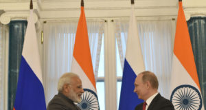 The Prime Minister, Shri Narendra Modi and the President of Russian Federation, Mr. Vladimir Putin at the joint media briefing, at Konstantin Palace, in St. Petersburg, Russia on June 01, 2017.(PTI)