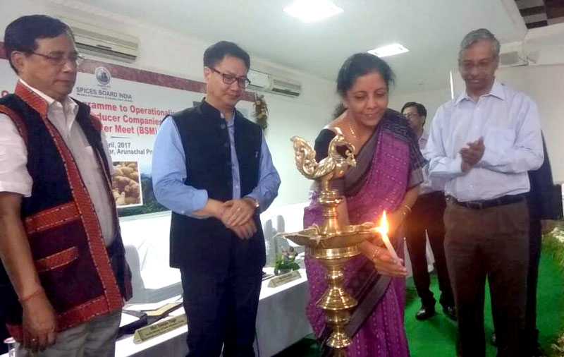 The Minister of State for Commerce & Industry (Independent Charge), Mrs. Nirmala Sitharaman lighting the lamp at the Orientation programme for Spices Farmers Producers Companies (SFPCs) Buyer- Seller Meet, in Itanagar on April 26, 2017. The Minister of State for Home Affairs, Shri Kiren Rijiju is also seen.(PIB)