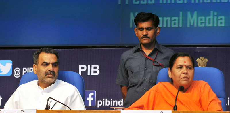 Union Minister for Water Resources, River Development and Ganga Rejuvenation, Uma Bharti briefing the media about the achievements of her Ministry during the last three years, in New Delhi on June 19, 2017. The Minister of State for Water Resources, River Development and Ganga Rejuvenation, Dr. Sanjeev Kumar Balyan is also seen.(PIB)