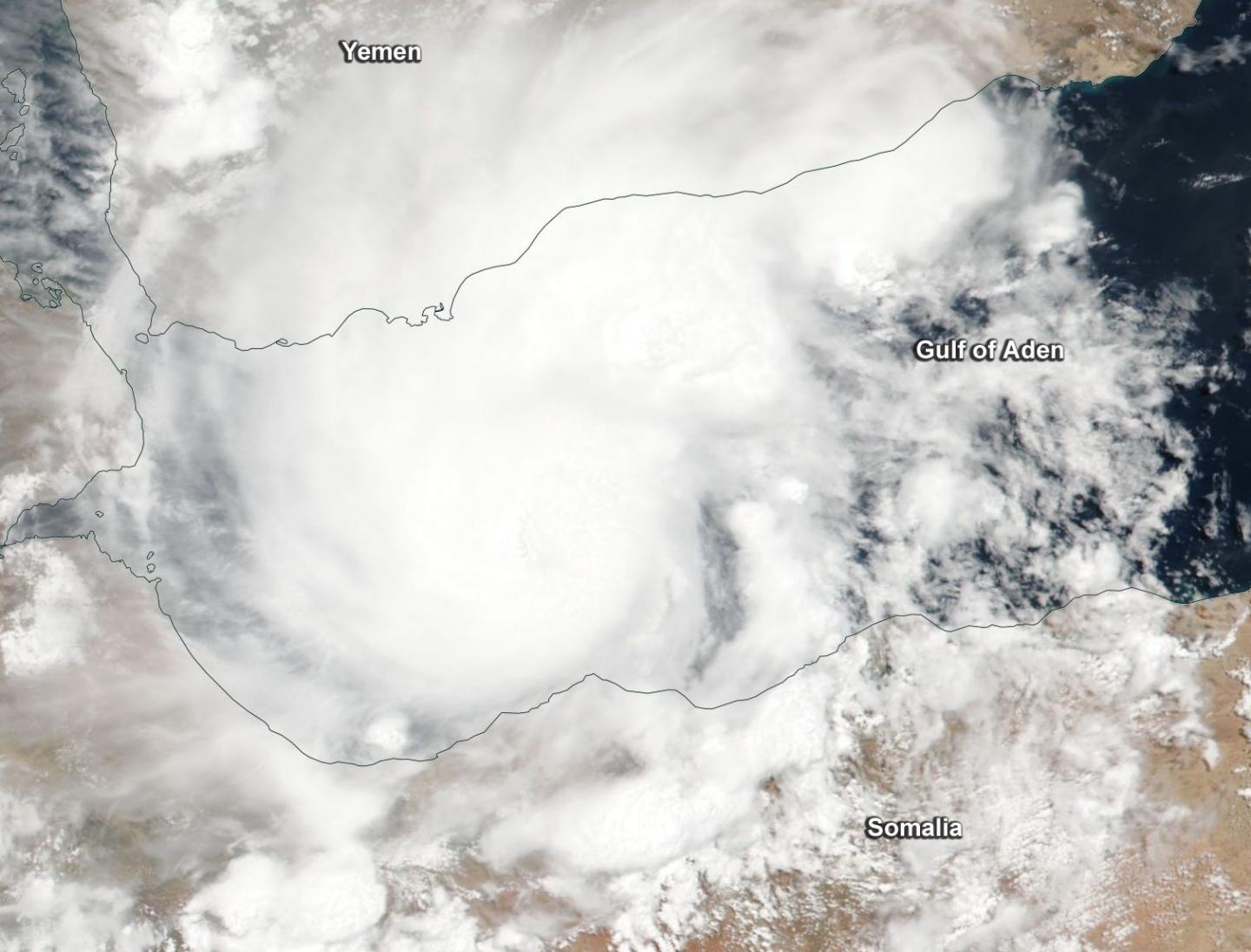 On May 18, 2018, the VIIRS instrument aboard NASA-NOAA's Suomi NPP satellite captured a true-color image of Tropical Cyclone Sagar in the Gulf of Aden, between Yemen to the north and Somalia to the south. Credit: NOAA/NASA Goddard Rapid Response Team