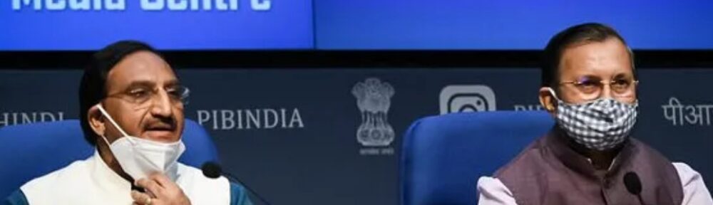 Union ministers Nishank and Prakash Javedkar addressing media after the relese of NEP2020 (PIB)