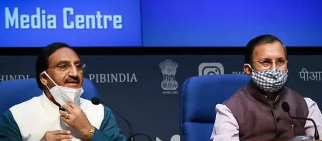 Union ministers Nishank and Prakash Javedkar addressing media after the relese of NEP2020 (PIB)