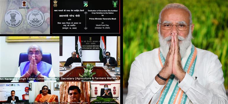 The Prime Minister, Shri Narendra Modi releases the special commemorative coin of Rs. 75 denomination to mark the 75th Anniversary of Food and Agriculture Organisation (FAO), through video conferencing, in New Delhi on October 16, 2020.