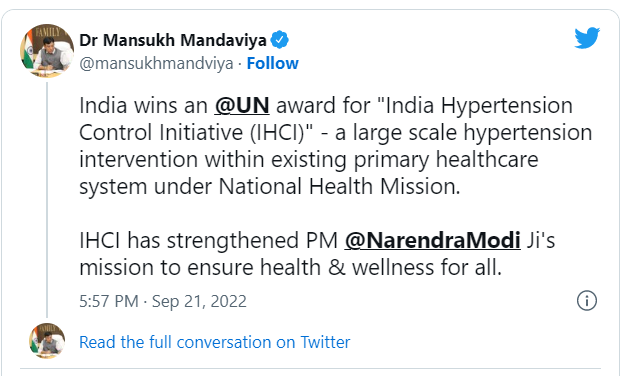 India wins UN awards for Initiative against Hypertension